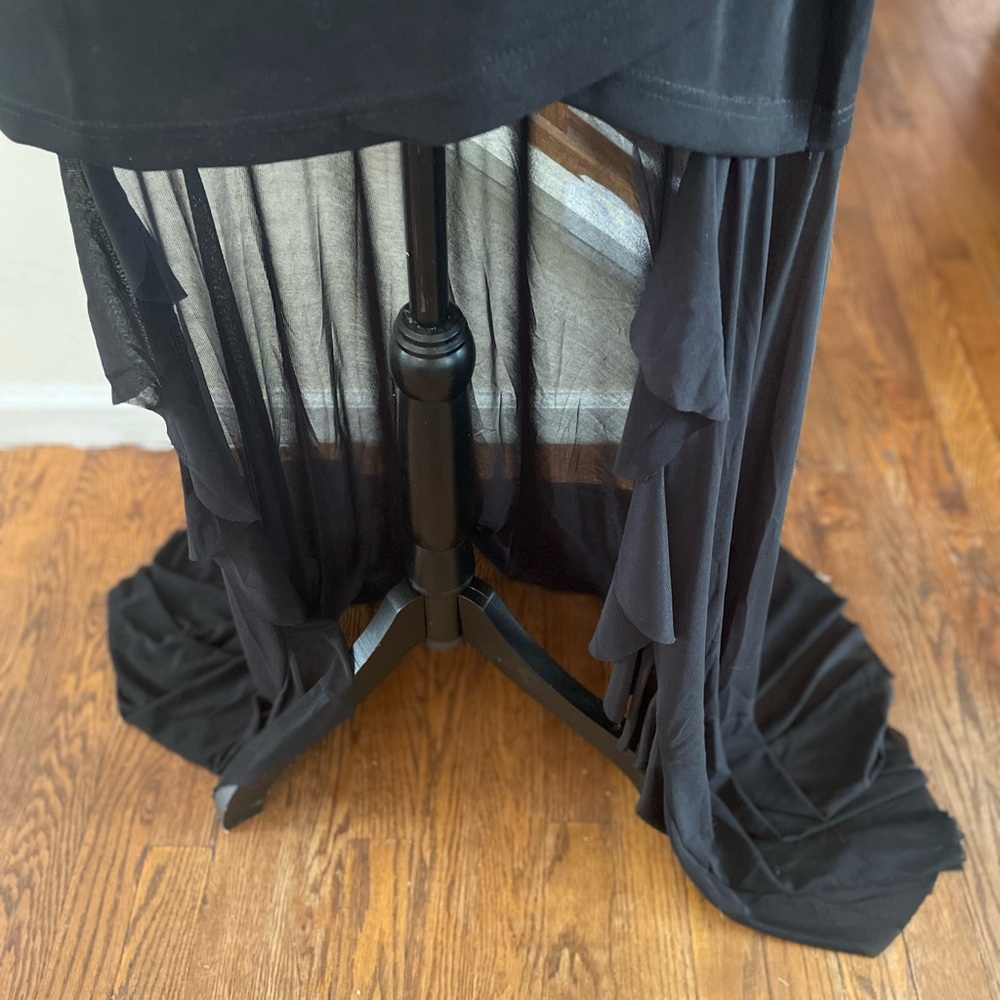 Black Mini Tube Dress with White Floral Detail & Sheer Ruffle Train - Picture 10 of 13